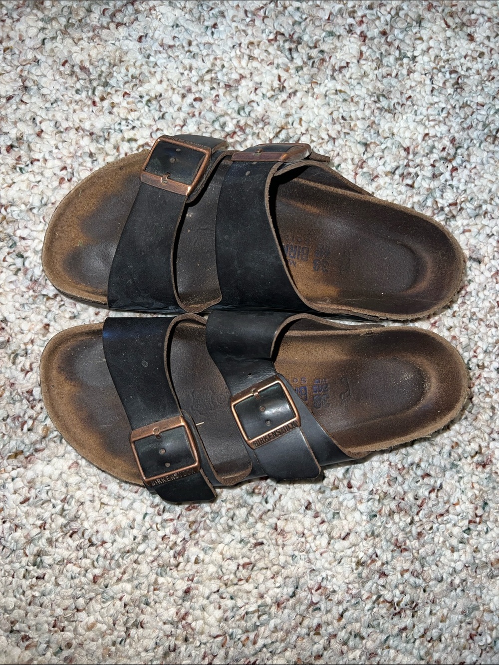 Birkenstock Black Two-Strap Slide with Bronze Buckles